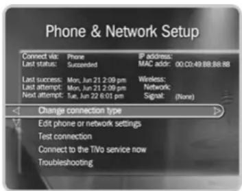 Phone & Network Setup Connect via: Phone IP address: MAC addr: 00 C0:49 B8:B8:8B Last status: Succeeded Last success: Mon, Jun 21 2:09 pm Last attempt: Mon, Jun 21 2:09 pm Next attempt: Tue, Jun 22 6:01 pm Wireless: Network: Signal: (None) Change connection type Edit phone or network settings Test connection Connect to the TWO service now Troubleshooting