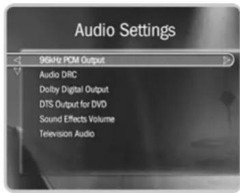 Audio Settings 96kHz PCM Output Audio DRC Dolby Digital Output DTS Output for DVD Sound Effects Volume Television Audio