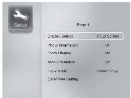 Page 1 Display Setting Fit to Screen Photo Information Off Clock Display No Auto Orientation On Copy Mode Smart Copy Date/Time Setting