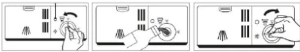 Three-step diagram showing hand tool application on a device, with arrows indicating rotation and adjustment.