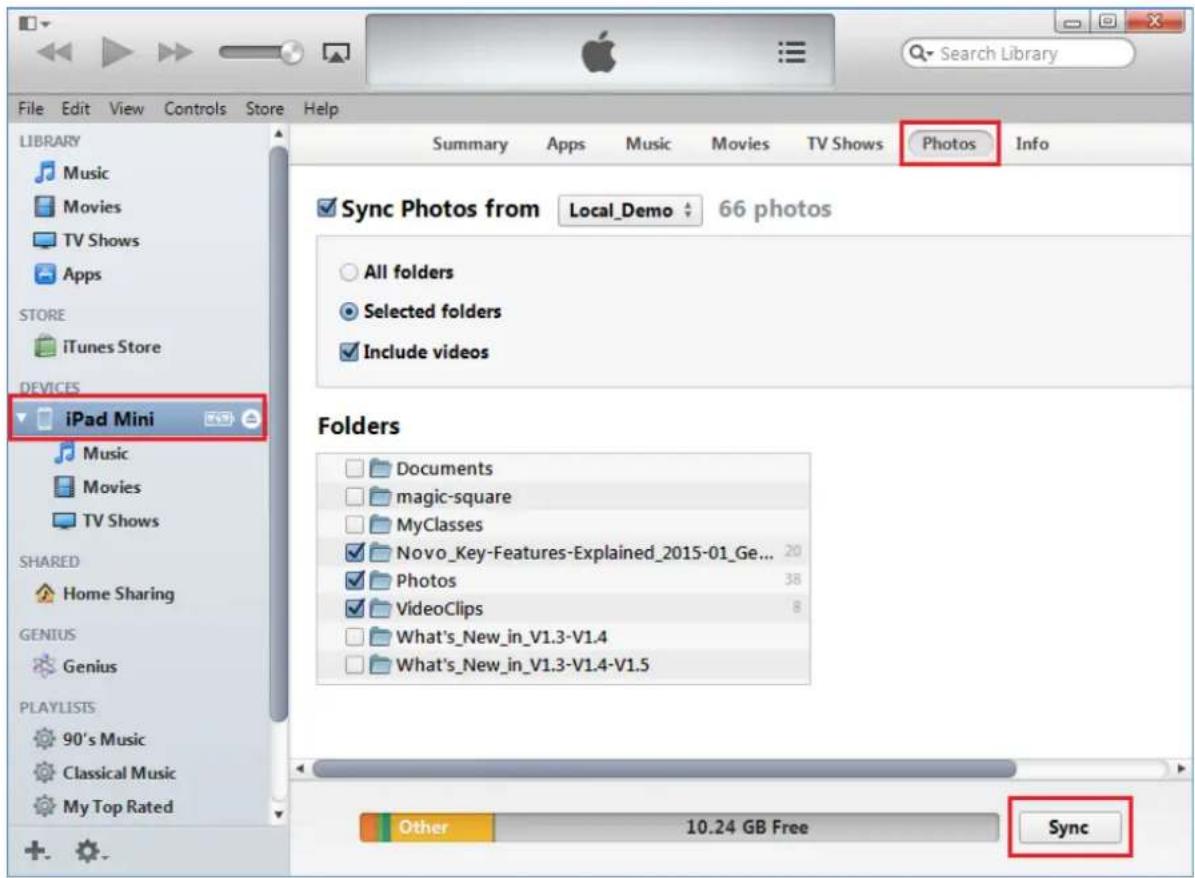 File Edit View Controls Store Help SUMMARY Apps Music Movies TV Shows Photos Info Library Music Movies TV Shows Apps STORE iTunes Store DEVICES iPad Mini Music Movies TV Shows Shared Home Sharing GENIUS Genius PLAYLISTS 90's Music Classical Music My Top Rated Sync Photos from Local_Demo 66 photos Al…