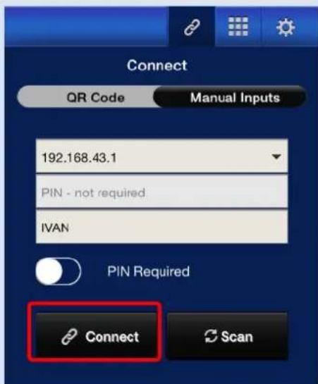 Connect QR Code Manual Inputs 192.168.43.1 PIN - not required IVAN PIN Required Connect Scan