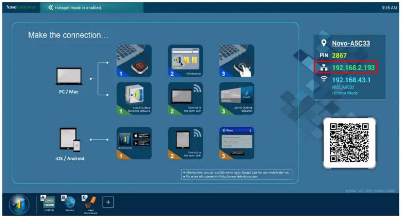 Make the connection... PC / Mac iOS / Android 1 2 3 1 2 3 1 2 3 1 2 3 Alternative, you can use iOS-meroring or Google Card for your mobile devices. For more info, please wait http://www.vitexibcorp.com Novo-A5C33 PIN 2867 192.168.2.193 192.168.43.1 Novo_A5C33 Hotspot Mode