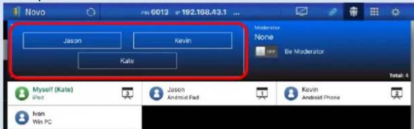 Novo FIN 6013 IP 192.168.43.1 ... Jason Kevin Kate Moderator None Be Moderator Total: 4 Myself (Kate) iPad 3 Jason Android Pad 1 Kavin Android Phone 2 Ivan Win PC