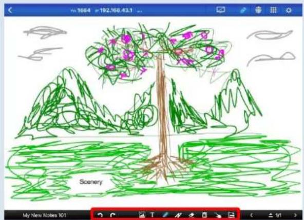 Hand-drawn sketch of a tree with purple flowers and green foliage, surrounded by mountains and water (no text or symbols)