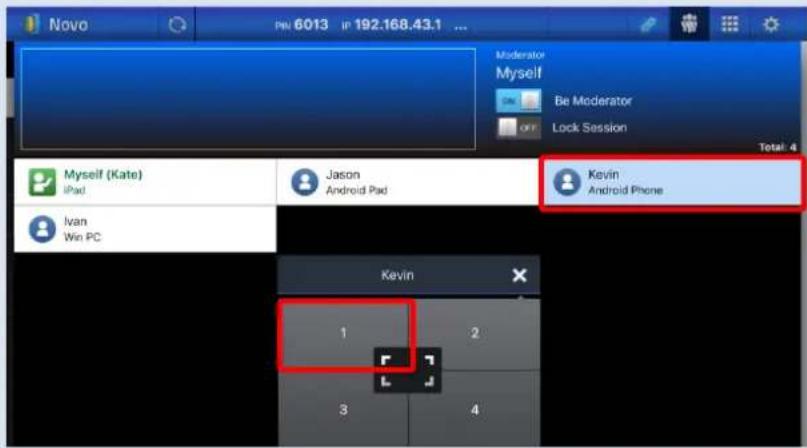 Novo PN 6013 IP 192.168.43.1 ... Moderator Myself Be Moderator Lock Session Total: 4 Myself (Kate) iPad Jason Android Pad Ivan Win PC Kevin Android Phone 1 2 3 4