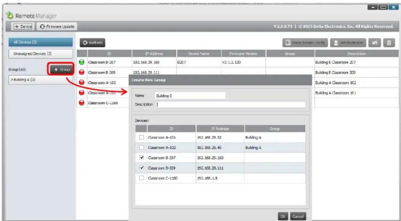 Remote Manager + Device Firmware Update V2.0.0.73 | © 2015 Delta Electronics, Inc. All Rights Reserved. Al Devices (3) Refresh Unassigned Devices (3) Group List: + Group Building A (2) ID IP Address Device Name Firmware Version Group Description Classroom B-207 192.168.29.160 B207 v2.1.2.130 Buildin…