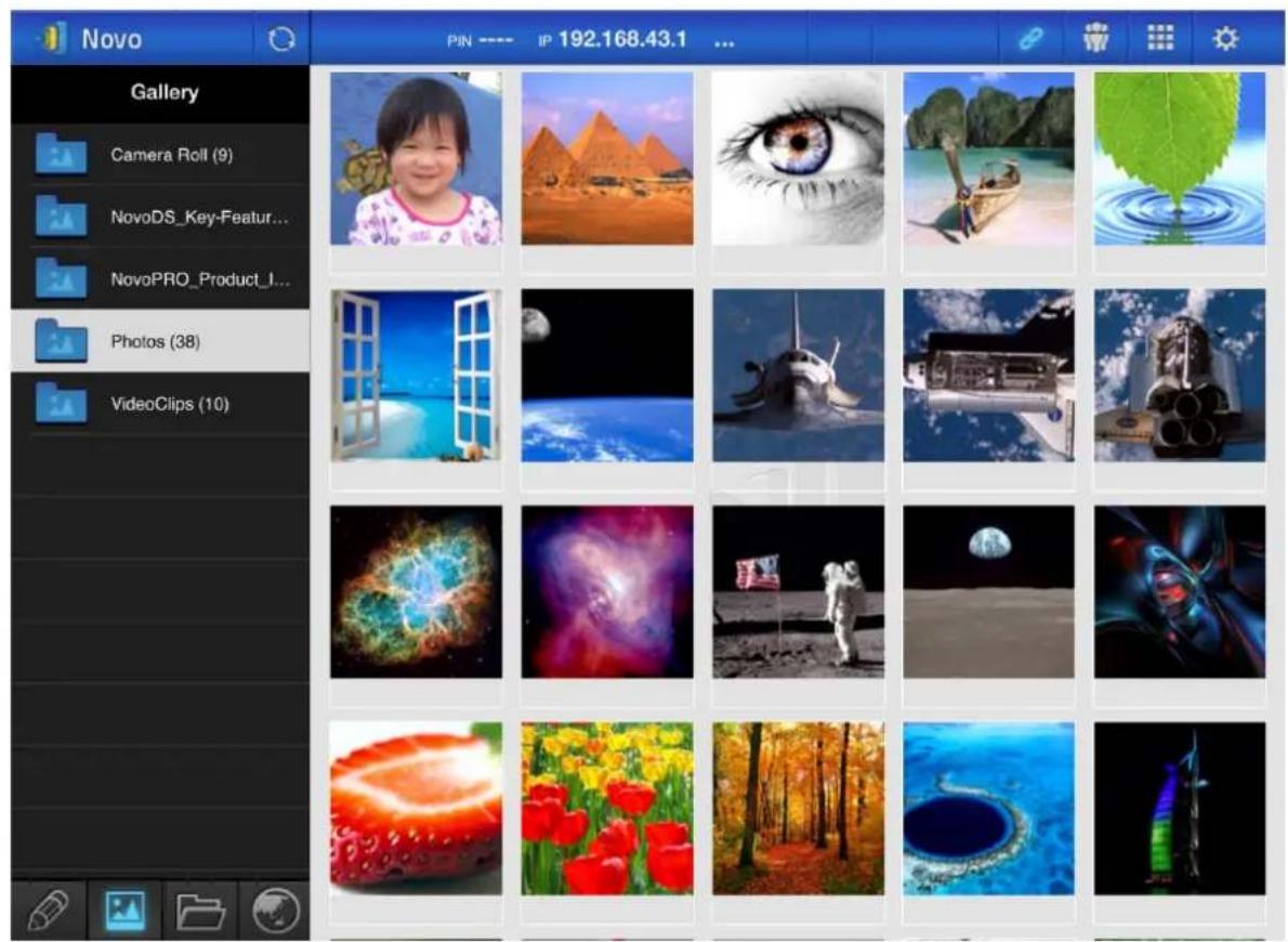 Novo PIN ---- IP 192.168.43.1 ... Gallery Camera Roll (9) NovoDS_Key-Featur... NovoPRO_Product_I... Photos (38) VideoClips (10)