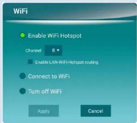 WiFi Enable WiFi Hotspot Channel 8 Enable LAN-WiFi-Hotspot routing Connect to WiFi Turn off WiFi Apply Cancel