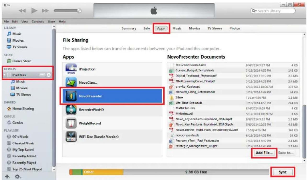 File Sharing The apps listed below can transfer documents between your iPad and this computer. Apps iProjection NovoClass... NovoPresenter RecorderPlusHD WeightRecord WiFi-Doc (Bundle Version) NovoPresenter Documents 5th Grade Room A.xml Current_Budget_Templatexis Digital_Textbook_Paytboic.pdf FINAL…