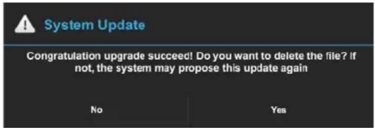 System Update Congratulations upgrade succeed! Do you want to delete the file? If not, the system may propose this update again No Yes