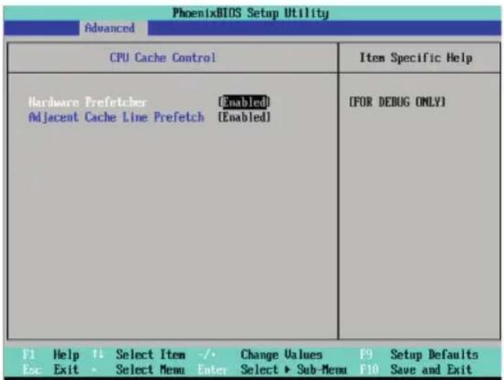 PhoenixBIOS Setup Utility Advanced CPU Cache Control Hardware Prefetcher [Enabled] Adjacent Cache Line Prefetch [Enabled] [FOR DEBUG ONLY] F1 Help F1 Select Item -/- Change Values F9 Setup Defaults Ex: Exit - Select Menu Enter Select ▶ Sub-Menu F10 Save and Exit
