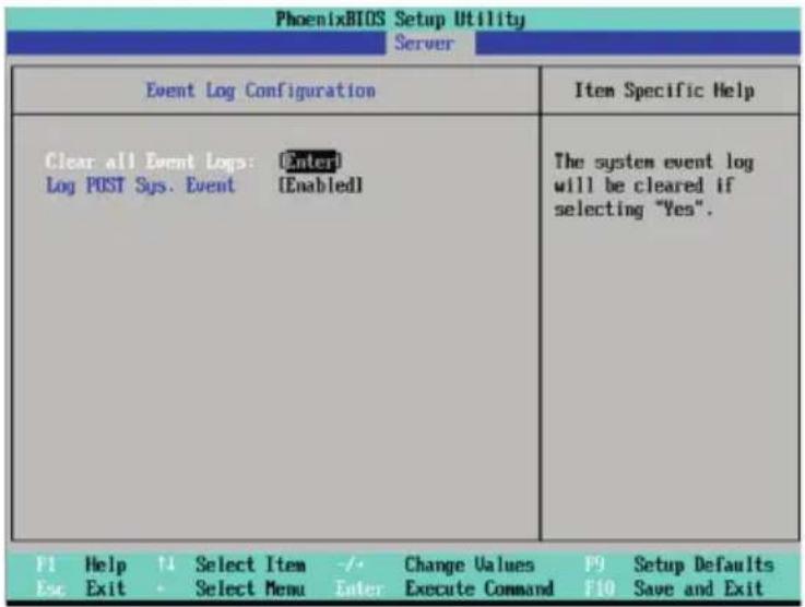 PhoenixBIOS Setup Utility Server Event Log Configuration Clear all Event Logs: Enter! Log POST Sys. Event [Enabled] The system event log will be cleared if selecting "Yes". F1 Help T4 Select Item -/+ Change Values F9 Setup Defaults Esc Exit - Select Menu Enter Execute Command E10 Save and Exit