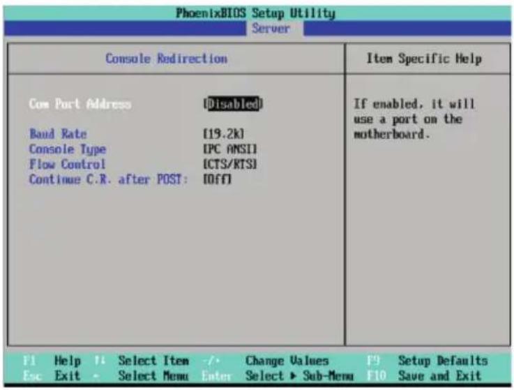 PhoenixBIOS Setup Utility Server Console Redirection Com Port Address [Disabled] Bond Rate [19.2k] Console Type IPC ANSI] Flow Control [CTS/RTSI] Continue C.R. after POST: [Off] If enabled, it will use a port on the motherboard. F1 Help 11 Select Item -/- Change Values F9 Setup Defaults Esc Exit - Select Menu Enter Select ▶ Sub-Menu F10 Save and Exit