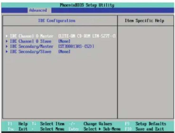 PhoenixBIOS Setup Utility Advanced IDE Configuration ► IDE Channel 0 Master [LITE-ON CD-ROM LTN-S27T-0] ► IDE Channel 0 Slave [Mono1] ► IDE Secondary/Master [IST3000130S-(S2)] ► IDE Secondary/Slave [Mono1] Item Specific Help F1 Help 1 Select Item -/- Change Values F9 Setup Defaults Esc Exit Select Menu Enter Select ▶ Sub-Menu F10 Save and Exit
