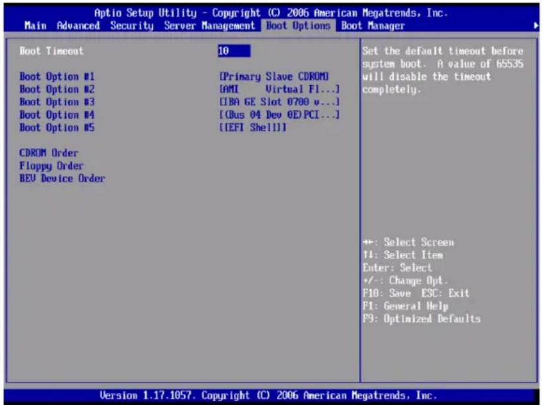 Aptio Setup Utility - Copyright (C) 2006 American Megatrends, Inc. Main Advanced Security Server Management Boot Options Boot Manager Boot Timeout 10 Boot Option #1 [Primary Slave CDROM] Boot Option #2 [AMI Virtual F1...] Boot Option #3 [IBA GE Slot 0700 v...] Boot Option #4 [(Bus 04 Dev OE)PCI...] Boot Option #5 [[EFI Shell]] CDROM Order Floppy Order BEU Device Order Set the default timeout before system boot. A value of 65535 will disable the timeout completely. +: Select Screen +: Select Item Enter: Select +/-: Change Opt. F10: Save ESC: Exit F1: General Help F9: Optimized Defaults Version 1.17.1057. Copyright (C) 2006 American Megatrends, Inc.