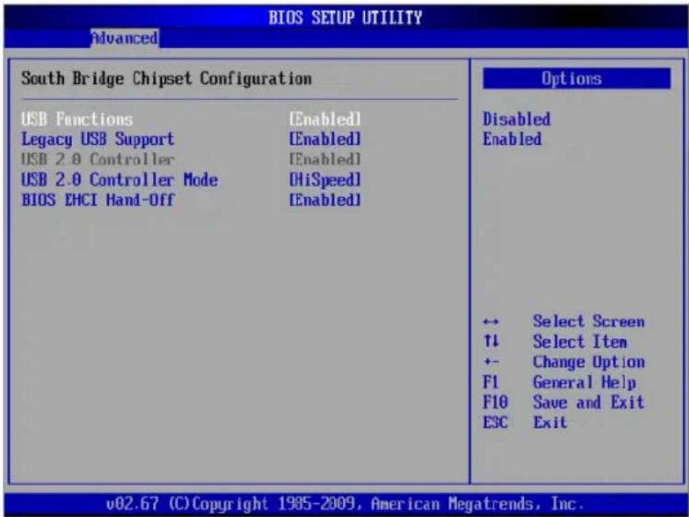 BIOS SETUP UTILITY Advanced South Bridge Chipset Configuration USB Functions [Enabled] Legacy USB Support [Enabled] USB 2.0 Controller [Enabled] USB 2.0 Controller Mode [HiSpeed] BIOS EHCI Hand-Off [Enabled] Options Disabled Enabled ← Select Screen ↑↓ Select Item +- Change Option F1 General Help F10 Save and Exit ESC Exit v02.67 (C) Copyright 1985-2009, American Megatrends, Inc.
