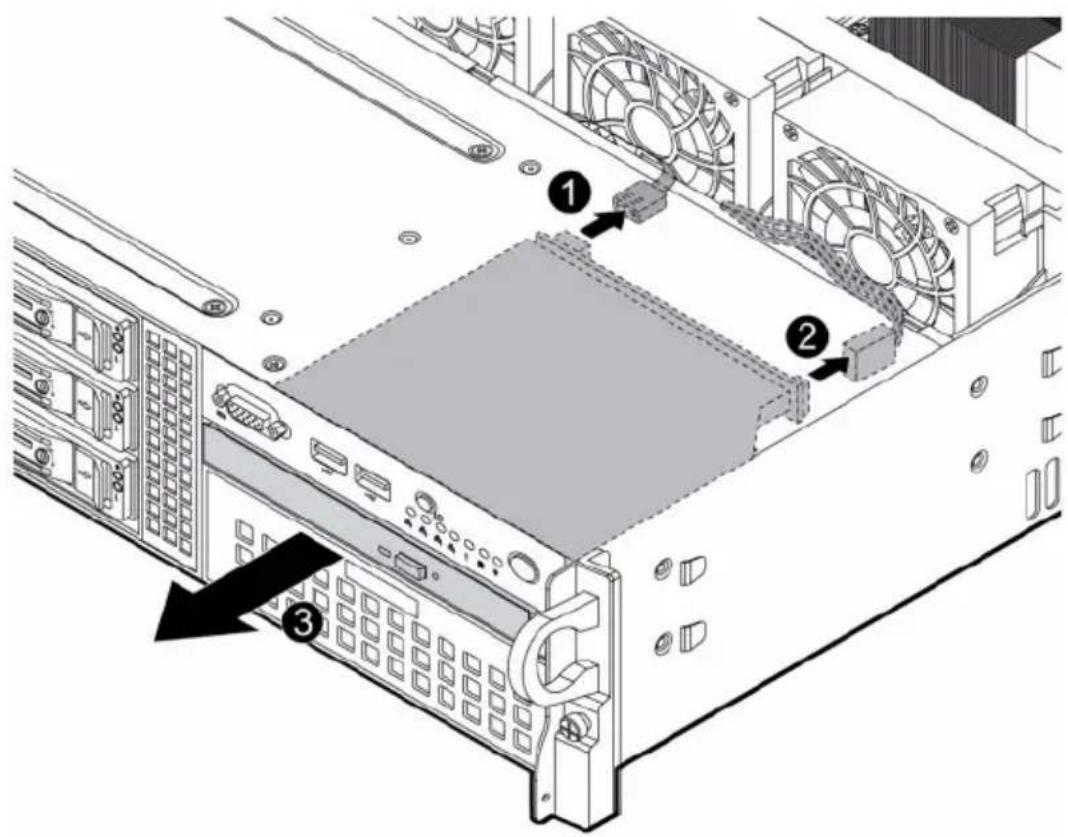 Diagram of a server rack with labeled components including drive, fan, and tower, showing numbered parts and directional arrow.