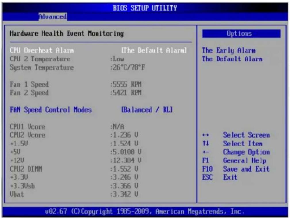 BIOS SETUP UTILITY Advanced Hardware Health Event Monitoring CPU Overheat Alarm [The Default Alarm] CPU 2 Temperature :Low System Temperature :26°C/78°F Fan 1 Speed :5555 RPM Fan 2 Speed :5421 RPM FAN Speed Control Modes [Balanced / BL] CPU1 Ucore :N/A CPU2 Ucore :1.236 U +1.5U :1.524 U +5U :5.0100 U +12U :12.304 U CPU2 DIMM :1.552 U +3.3U :3.246 U +3.3Usb :3.366 U Ubat :3.342 U Options The Early Alarm The Default Alarm ↔ Select Screen ↑↓ Select Item ← Change Option F1 General Help F10 Save and Exit ESC Exit v02.67 (C) Copyright 1985-2009, American Megatrends, Inc.