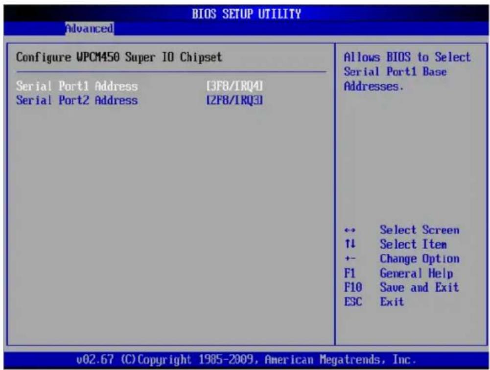 BIOS SETUP UTILITY Advanced Configure WPCM450 Super IO Chipset Serial Port1 Address [3F8/IRQ4] Serial Port2 Address [2F8/IRQ3] Allows BIOS to Select Serial Port1 Base Addresses. ← Select Screen ↑↓ Select Item +- Change Option F1 General Help F10 Save and Exit ESC Exit v02.67 (C) Copyright 1985-2009, American Megatrends, Inc.