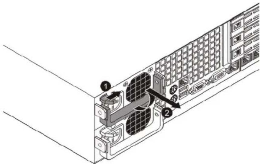 Technical diagram of a server rack with labeled components and directional arrows indicating assembly or movement.