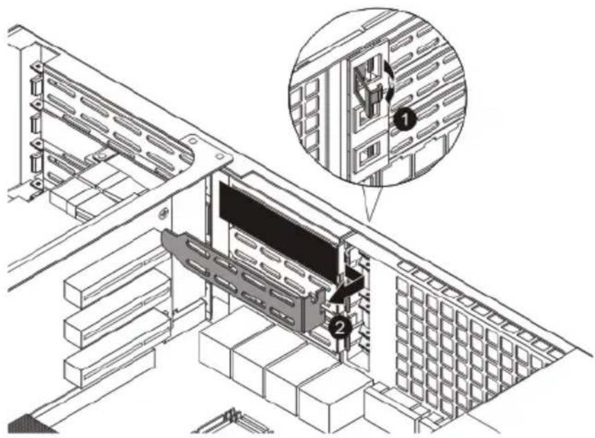 Technical diagram showing a server rack with labeled components and an inset view of the rack interior.