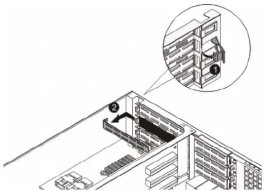 Technical diagram showing a server rack with labeled components and an inset view of the rack unit.