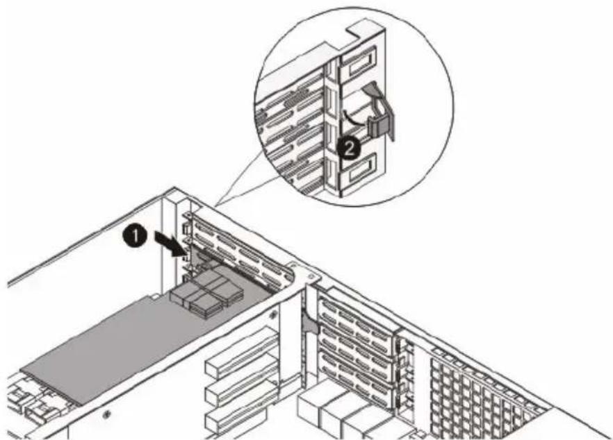 Technical diagram showing a server rack with labeled components and an inset view of the rack cabinet with a clip.