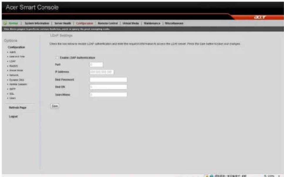 Acer Smart Console Options Configuration • Assets • Case and Order • LDAP • RADIS • Server Wizard • Network • Dynamic DNS • Home Stream • SMTP • SQL • User1 Refresh Page Login LDAP Settings Check the box below to access LDAP authentication and enter the required information to access the LDAP server. Press the Gate button to save your changes. Explain LDAP Authentication Port 0 P Address 400 500 600 700 Seed Password Seed ON 0 Search/Bone 0 Size 刷新设置 | 登录模式 | 状态 100%