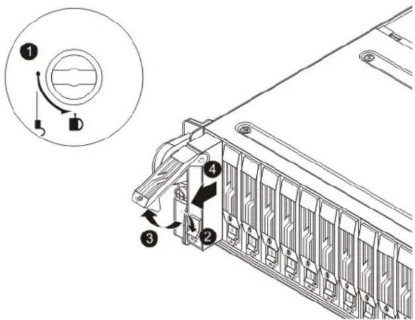 Technical diagram of a server rack with labeled components and a magnified inset showing a circular component with internal structure.