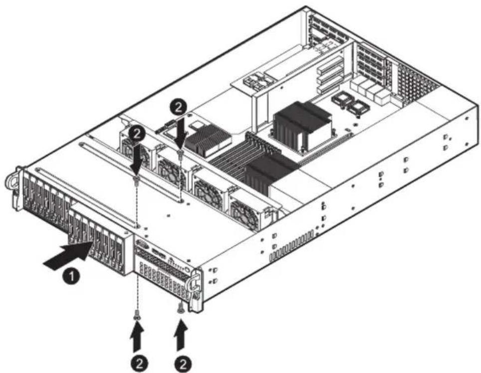 Technical diagram of a server rack with labeled components and numbered parts, showing internal hardware layout and ventilation slots.