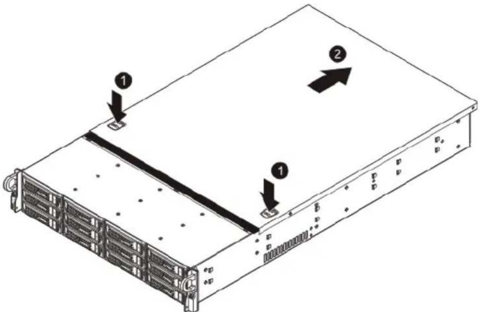 Diagram of a server rack with labeled components and directional arrows indicating assembly or movement.