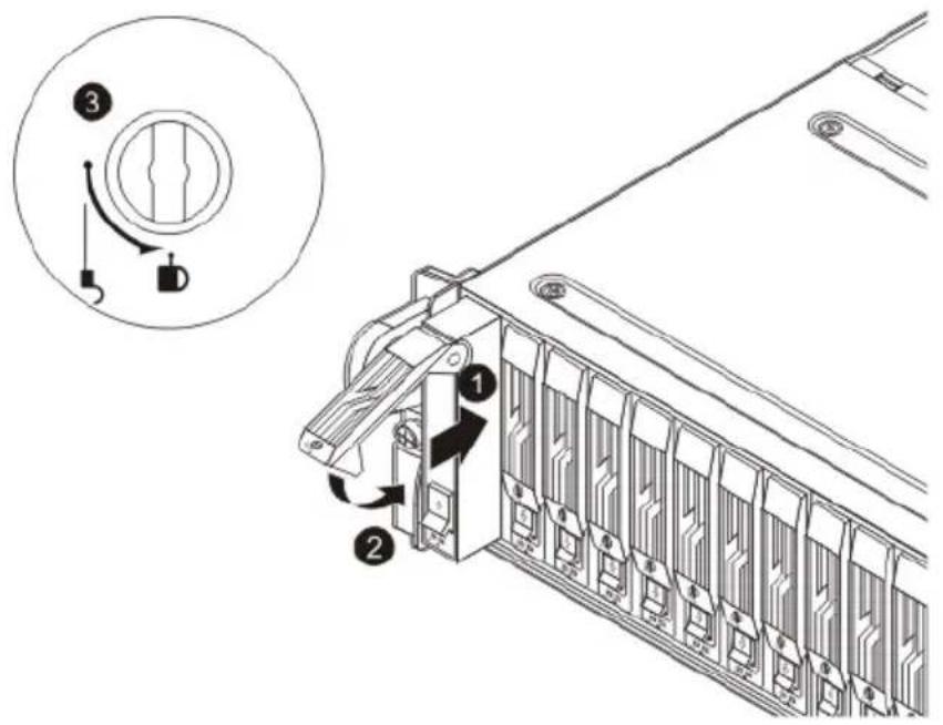 Technical diagram showing a mechanical assembly with labeled components and a magnified inset of a circular component with numbered parts.