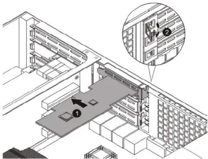 Technical diagram showing server rack installation with labeled components and a magnified inset highlighting a specific section.