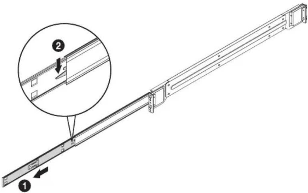 Technical diagram of a rail-mounted device with labeled components and an inset showing a detail view of the component.