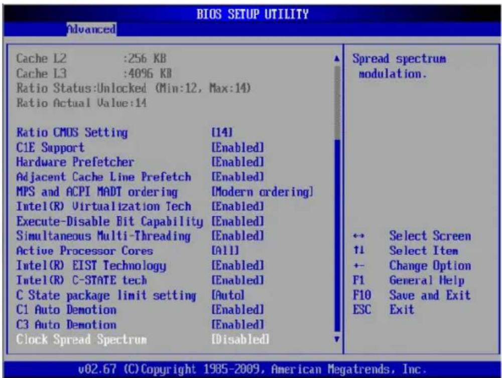 BIOS SETUP UTILITY Advanced Cache L2 :256 KB Cache L3 :4096 KB Ratio Status:Unlocked (Min:12, Max:14) Ratio Actual Value:14 Ratio CMOS Setting [14] C1E Support [Enabled] Hardware Prefetcher [Enabled] Adjacent Cache Line Prefetch [Enabled] MPS and ACPI MADT ordering [Modern ordering] Intel(R) Virtualization Tech [Enabled] Execute-Disable Bit Capability [Enabled] Simultaneous Multi-Threading [Enabled] Active Processor Cores [All] Intel(R) EIST Technology [Enabled] Intel(R) C-STATE tech [Enabled] C State package limit setting [Auto] C1 Auto Demotion [Enabled] C3 Auto Demotion [Enabled] Clock Spread Spectrum [Disabled] Spread spectrum modulation. ← Select Screen f1 Select Item ← Change Option F1 General Help F10 Save and Exit ESC Exit v02.67 (C) Copyright 1985-2009, American Megatrends, Inc.