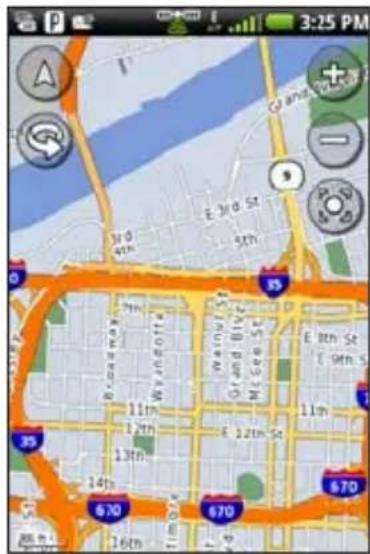 Mobile phone screenshot showing a city map with street names, road networks, and location markers