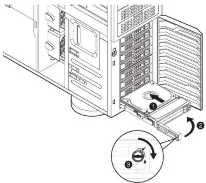 Technical diagram of a server rack with labeled components and directional arrows indicating assembly steps