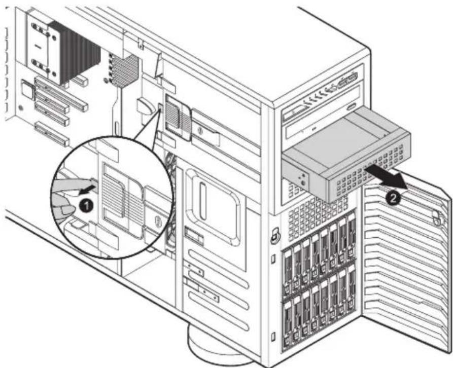 Technical diagram of a desktop computer tower showing internal components and a close-up view of the tower's internal structure.