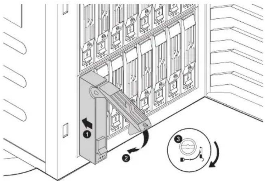 Technical diagram showing a mechanical device with numbered components and directional arrows indicating motion or assembly.