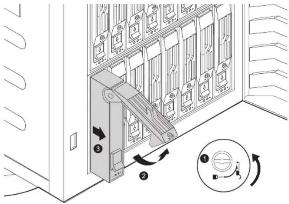 Diagram of a server rack with numbered components and directional arrows indicating flow or movement, including a circular diagram showing rotational direction.