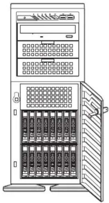 Technical diagram of a server rack cabinet with labeled storage units and open door, showing front panel and side panels.
