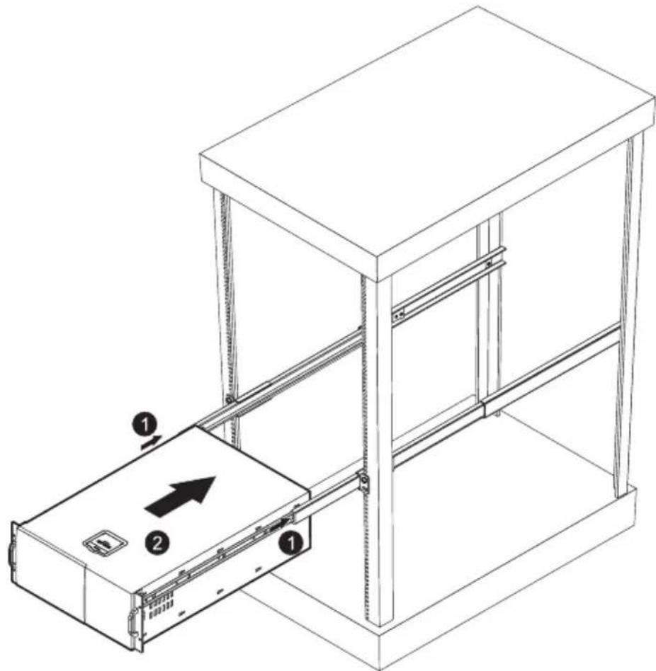Technical diagram of a server rack with labeled components and directional arrows indicating movement or flow.