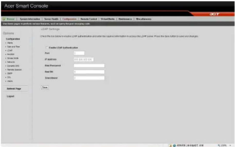 Acer Smart Console Options Configuration • Alnta • Data and Tree • LDAP • Linux • Windows Verbs • Database • Dynamic DNS • Remote Server • TCP • SSL • Linux Refresh Page Logist LDAP Settings One in the text below to enable LDAP authentication and certificate required information to access this LDAP server. Please use the save button to save your download job. Enable LDAP Authentication Port IP Address: $50,000,000,000 Read Protocol Real DOI: Searchbase: Save © 100%