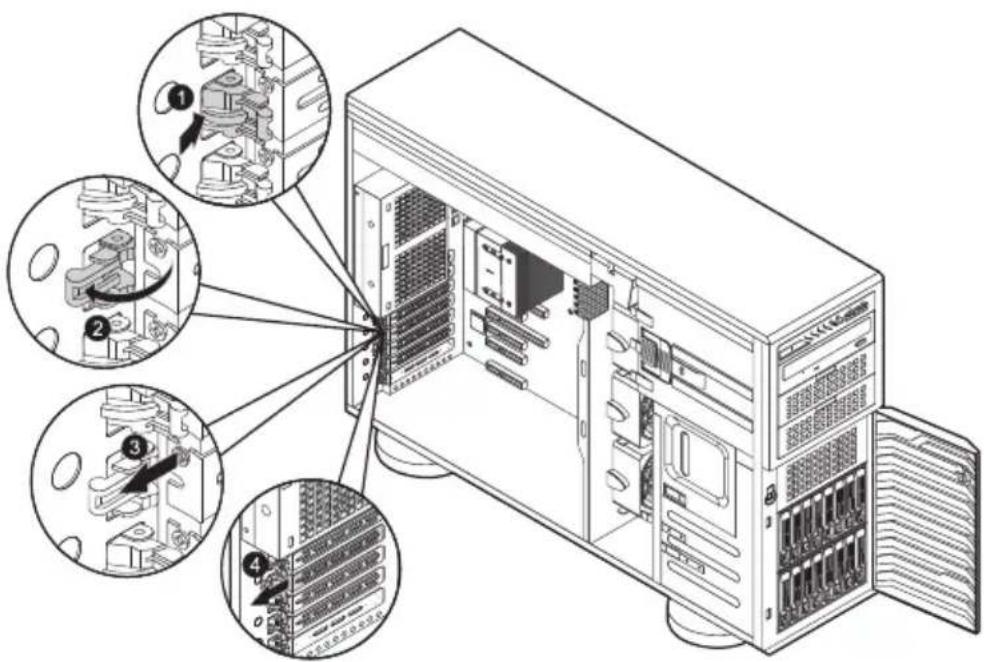 Diagram of a desktop computer tower with labeled internal components and zoomed-in views for installation or repair.