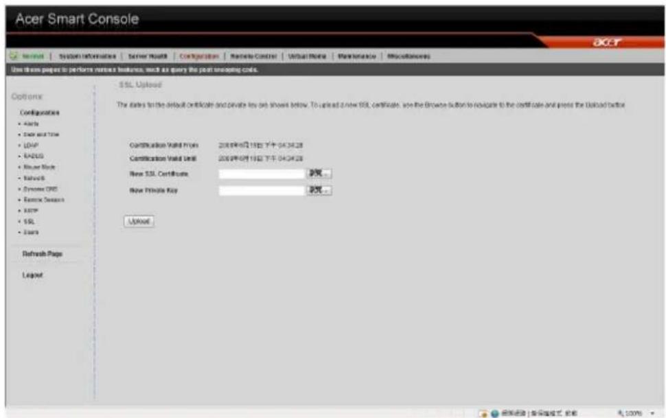 Acer Smart Console Options: Configurations • Alerts • Back and Time • LDAP • EADLS • Mouse Mode • Network • Dynamic CRC • Exercise Server • SQL • Users Refresh Page Legend SSL Uploaded The dates for the default certificate and private key are shown below. To upload a new SSL certificate, use the Browse button to navigate to the certificate and press the Download footprint. Certification Valid From: 2019年6月15日下午04:34:28 Certification Valid Until: 2019年6月15日下午04:34:28 New SSL Certificate: 2019- New Private Key: 2019- LARGE 获取进度 | 按保留格式 正格 | 100%
