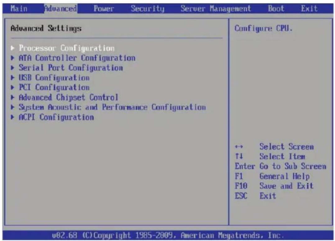Main Advanced Power Security Server Management Boot Exit Advanced Settings ► Processor Configuration ► ATA Controller Configuration ► Serial Port Configuration ► USB Configuration ► PCI Configuration ► Advanced Chipset Control ► System Acoustic and Performance Configuration ► ACPI Configuration Configure CPU. ←→ Select Screen ↑↓ Select Item Enter Go to Sub Screen F1 General Help F10 Save and Exit ESC Exit v02.68 (C) Copyright 1985-2009, American Megatrends, Inc.