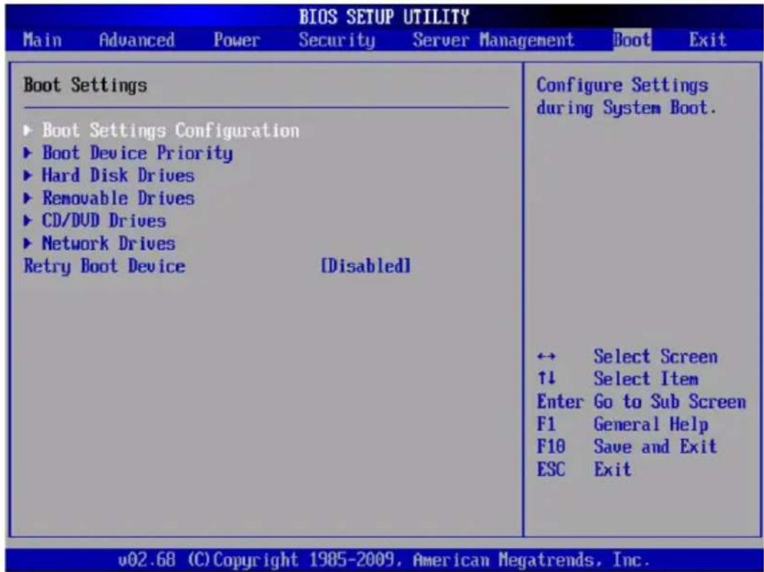 BIOS SETUP UTILITY Main Advanced Power Security Server Management Boot Exit Boot Settings ► Boot Settings Configuration ► Boot Device Priority ► Hard Disk Drives ► Removable Drives ► CD/DVD Drives ► Network Drives Retry Boot Device [Disabled] Configure Settings during System Boot. ↔ Select Screen ↑↓ Select Item Enter Go to Sub Screen F1 General Help F10 Save and Exit ESC Exit v02.68 (C) Copyright 1985-2009, American Megatrends, Inc.