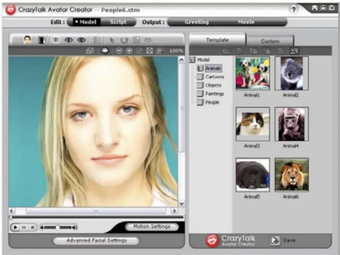 CrazyTalk Avatar Creator -- People6.ctm Edit : • Model Script Output : Greeting Movie Template Custom Model Animals Cartoons Objects Paintings People Animal1 Animal2 Animal3 Animal4 Animal5 Animal6 Advanced Facial Settings Motion Settings CrazyTalk Avatar Creator Save