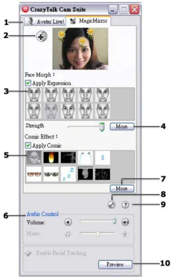 CrazyTalk Cam Suite Avatar Live! MagicMirror Face Morph : Apply Expression Strength More Comic Effect : Apply Comic More Audio Control Volume: Mixer Enable Facial Tracking Preview 10